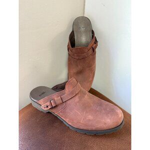 TEVA DELAVINA LEATHER BROWN WOMENS SLIP ON BUCKLE MULE CLOG SHOES SIZE 7.5